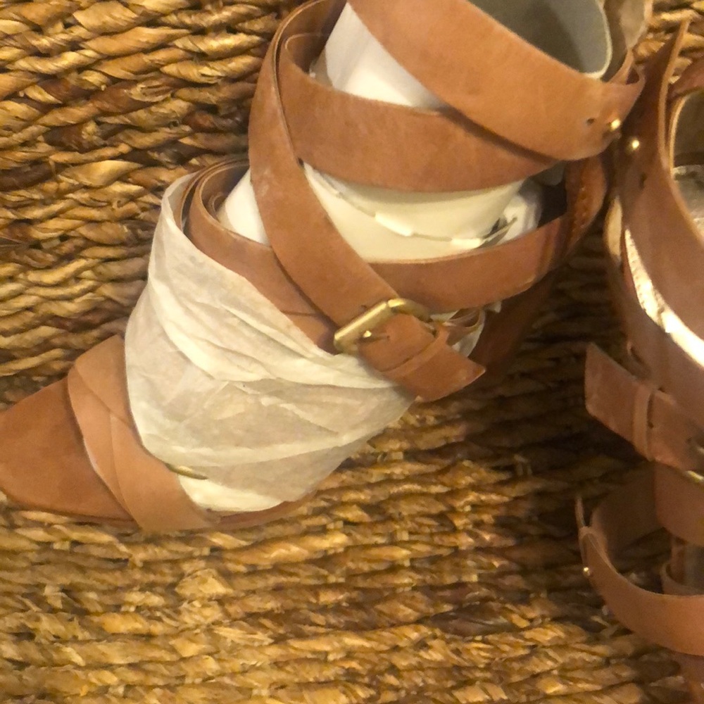 Leather tan strap heel sandals by Rachel Roy